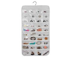 Organizador de joyas colgantes de doble cara de 80 bolsillos, almacenamiento plegable para sostener maquillaje, collar, aretes y bolsa de accesorios de anillo con gancho colgante giratorio de 360 °