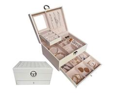 Joyeros Grandes para Mujer, Organizador Joyero Blanco para Guardar Joyas Caja Joyero joyeria con Cerradura y Espejo