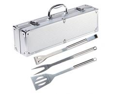 Holzsammlung® Cubertería de 3 piezas para barbacoa de acero inoxidable para barbacoa Cubiertos en maletín de aluminio