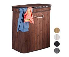 Relaxdays Cesto Ropa Sucia Rectangular con 2 Compartimentos, Cubo Colada, Canasta con Tapa, Bambú, 95 L, Marrón