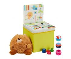 Relaxdays Taburete Plegable Infantil, Respaldo, Arcón para Juguetes, Zoo, 43 x 25 x 26 cm, Amarillo, Poliéster, Animales