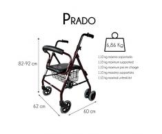 Andador de aluminio con frenos por presión | 2 ruedas delanteras giratorias y 4 traseras | Elegante diseño cromado | Cómodo asiento acolchado y cesta de la compra | TOP V