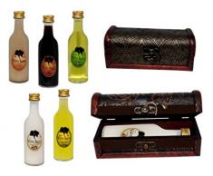 Lote de 10 Botellas de Licores Sol (Surtidos) en Baúles de Madera Clásicos Rectangulares. Detalles de Bodas y Eventos. (12 cm. - 5 cl.)(14 x 6 cm.)