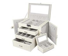 Yorbay Caja Joyero con Espejo y Cajones, Caja para Joyas, para Pendientes, Pulseras, Anillos, Almacenamiento y Expositor, Caja de joyería de Viaje Mini, Rayas Imitacion a Madera Blanco Reutilizable
