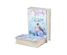 CAPRILO Set de 2 Cajas Libro Decorativas de Madera y Tela Love Forever. Cajas Multiusos. Joyeros. Regalos Originales. Decoración Hogar. 7 x 27 x 18 cm.