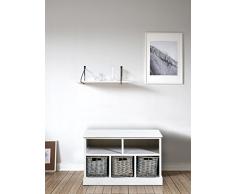 Rebecca Mobili Cajonera de Mimbre y Madera, Banco contenedor Blanco con 2 estantes, 3 cestas, Estilo Country, Entrada y Dormitorio. - Medidas: 43 x 70 x 33,5 cm (AxANxF) - Art. RE4164