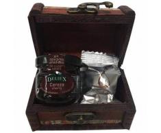 Deliex Productos Extremeños Baúl madera mapas con bombón de higo y mermelada de cereza