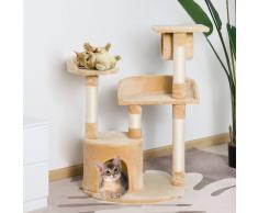 PawHut Árbol para gatos Rascador con Plataforma Caseta Tubo de Juego Tablero de Madera y Cubierto de Felpa Beige - 60x60x96cm