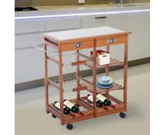HOMCOM Carrito Cocina Servicio Auxiliar Madera Metal Cromado Ruedas Cajon Botellero