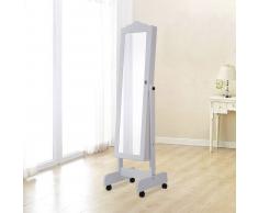 HOMCOM 2 en 1 Espejo de Pie con Joyero para Interior Organizador de Joyas con 4 Ruedas - Color Blanco - MDF - 43x47x146 cm