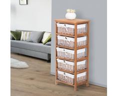 HOMCOM Armario Auxiliar con 5 Cajones - Mimbre y Madera de Paulownia - Color Madera - 40x29x90 cm
