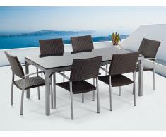 Conjunto de jardín - Granito pulido negro - Mesa 180 cm con 6 sillas de ratán - TORINO