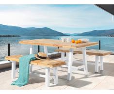 Conjunto de jardín en madera de acacia - Mesa y 2 bancos - marrón y blanco - SCANIA
