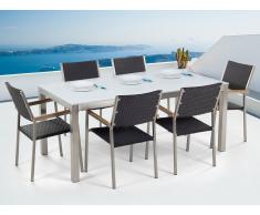 Conjunto de jardín mesa en vidrio blanco 180 cm, 6 sillas en ratán GROSSETO