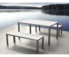 Conjunto de jardín en aluminio - Mesa 180 cm - 2 bancos - Madera sintética blanca - NARDO