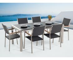 Conjunto de jardín mesa con tablero de piedra natural pulida negra 180 cm, 6 sillas en ratán GROSSETO
