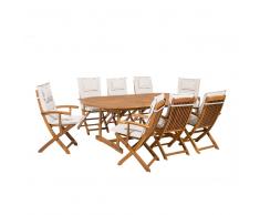 Conjunto de jardín en madera de acacia Mesa + 8 sillas cojines color beige MAUI