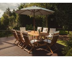 Conjunto de jardín en madera de acacia Mesa + 8 sillas cojines color beige con sombrilla MAUI