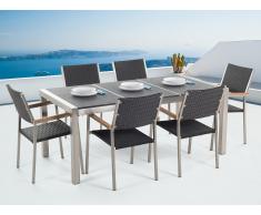 Conjunto de jardín mesa con tablero de piedra natural ccurtida negra 180 cm, 6 sillas en ratán GROSSETO