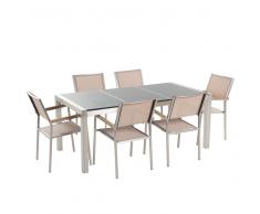 Conjunto de jardín - Granito Pulido gris - Mesa 180 cm con 6 sillas beige - GROSSETO
