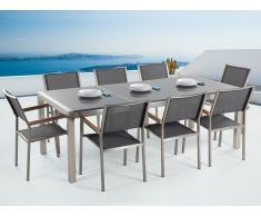 Conjunto de jardín mesa con tablero de piedra natural gris pulido 220 cm, 8 sillas grises GROSSETO