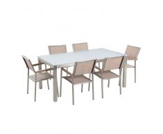 Conjunto de jardín - Vidrio templado blanco - Mesa 180 cm con 6 sillas beige - GROSSETO