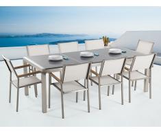 Conjunto de jardín mesa con tablero de piedra natural gris pulido 220 cm, 8 sillas blancas GROSSETO