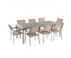 Conjunto de jardín mesa con tablero de piedra natural gris pulido 220 cm, 8 sillas beige GROSSETO
