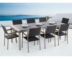 Conjunto de jardín mesa con tablero de piedra natural pulida gris 220 cm, 8 sillas en ratán GROSSETO