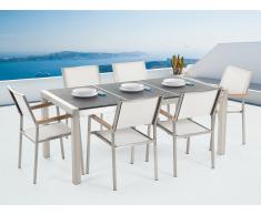 Conjunto de jardín mesa con tablero negro de piedra natural 180 cm, 6 sillas blancas GROSSETO
