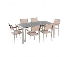 Conjunto de jardín mesa con tablero negro de piedra natural 180 cm, 6 sillas beige GROSSETO