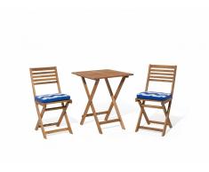 Conjunto de jardín de madera - Mesa - 2 sillas - Cojines azul blanco zigzag - FIJI