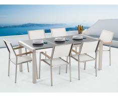 Conjunto de jardín mesa con tablero gris de piedra natural pulido 180 cm, 6 sillas blancas GROSSETO