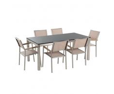 Conjunto de jardín - Granito negro una placa - Mesa 180 cm con 6 sillas beige - GROSSETO