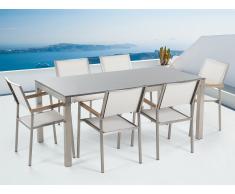 Conjunto de jardín mesa con tablero gris de piedra natural 180 cm, 6 sillas blancas GROSSETO