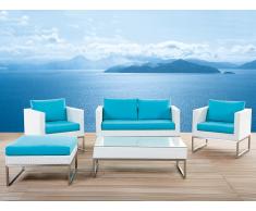 Conjunto de jardín en ratán blanco - Acero inoxidable - Mesa - Sofá - 2 Sillones - Otomana - CREMA