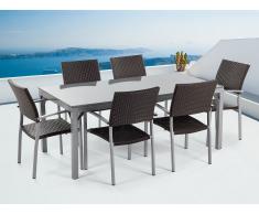 Conjunto de jardín - Granito pulido gris - Mesa 180 cm con 6 sillas en ratán - TORINO