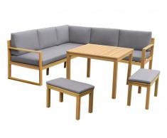 Salón de jardín rinconero elevable CAPELLI de madera de eucalipto: un sofá rinconero, 2 bancos y 1 mesa - Asiento gris