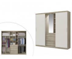 Armario BODIL - puertas correderas - Espejo y cajones - L.240cm - Roble y marfil