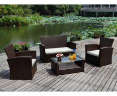Conjunto de jardín AREQUIPA de resina trenzada color chocolate: sofá 2 plazas, 2 sillones y mesa de centro - Asiento beige