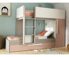 Cama litera con cajón cama nido ANTONIO - 3x90x190 cm - Armario integrado - Pino rosa y blanco