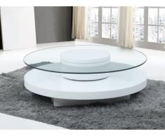 Mesa de centro RYHALI - Tablero giratorio - Cristal templado y MDF blanco