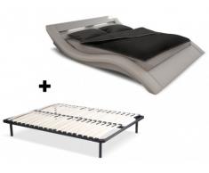 Cama ONDULIS + somier de láminas - 160x200 cm - Piel sintética blanca con leds