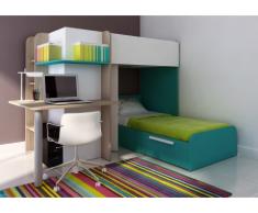Cama litera SAMUEL - 2x90x190 cm - Escritorio integrado - Pino blanco/turquesa