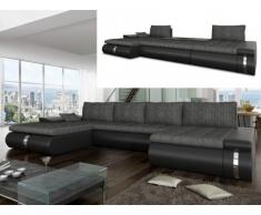 Sofá cama rinconero XXL de tela y piel sintética AZELMA - Ángulo reversible - Negro y gris