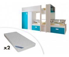 Cama litera JULIEN - 2x90x190 cm - Armario integrado - 3 colores - Marrón topo y azul + 2 colchones ZEUS 90x190