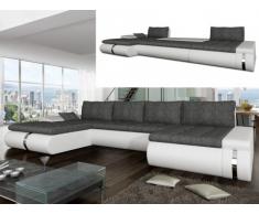 Sofá cama rinconero XXL de tela y piel sintética AZELMA - Ángulo reversible - Blanco y gris
