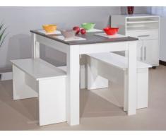 Conjunto mesa + 2 bancos BASTIEN - Bandeja efecto hormigón - Blanco