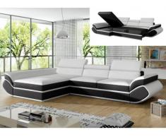 Sofá cama rinconero de piel sintética ORLEANS - Blanco con tiras negras - Ángulo izquierdo
