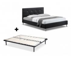 Cama GABIN + Somier de láminas - 140x200 cm - Piel sintética negra